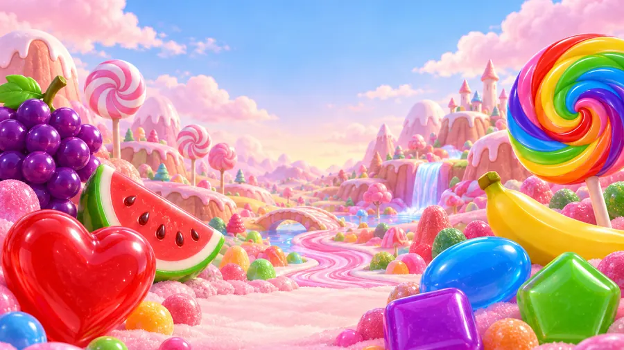 Şeker tepeleri, dev lolipop ve parlak Sweet Bonanza sembolleriyle dolu oyun dünyası